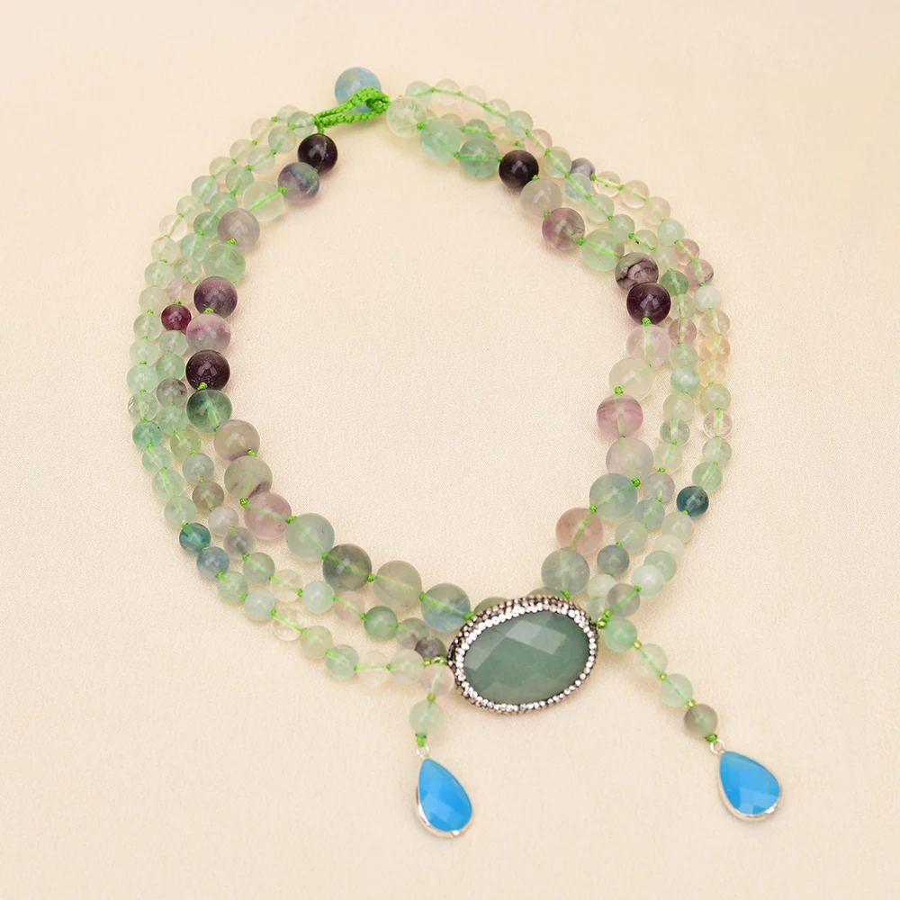 APDGG A85 Handmade 3 Rows Natural Mix Stone Fluorite Jade Multi Strands Necklace