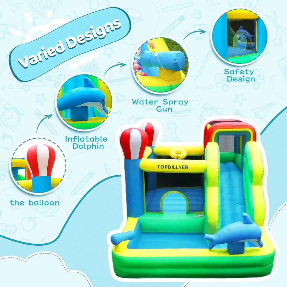 Scivolo d'acqua Iatable Bounce House per cortile esterno interno, castello gonfiabile regalo per feste per bambini 3-10 con piscina antispruzzo, arrampicata W