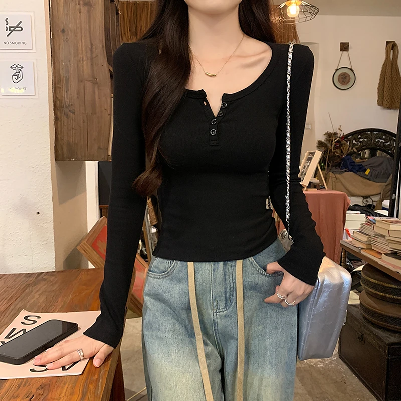 AOSSVIAO 2026 Herbst Damen T-Shirt Stilvolles Langarm-Shirt in Unifarbe mit O-Ausschnitt, schmal geschnittenes Basic-Top, vielseitiges Layering-Oberteil. – Detail 35