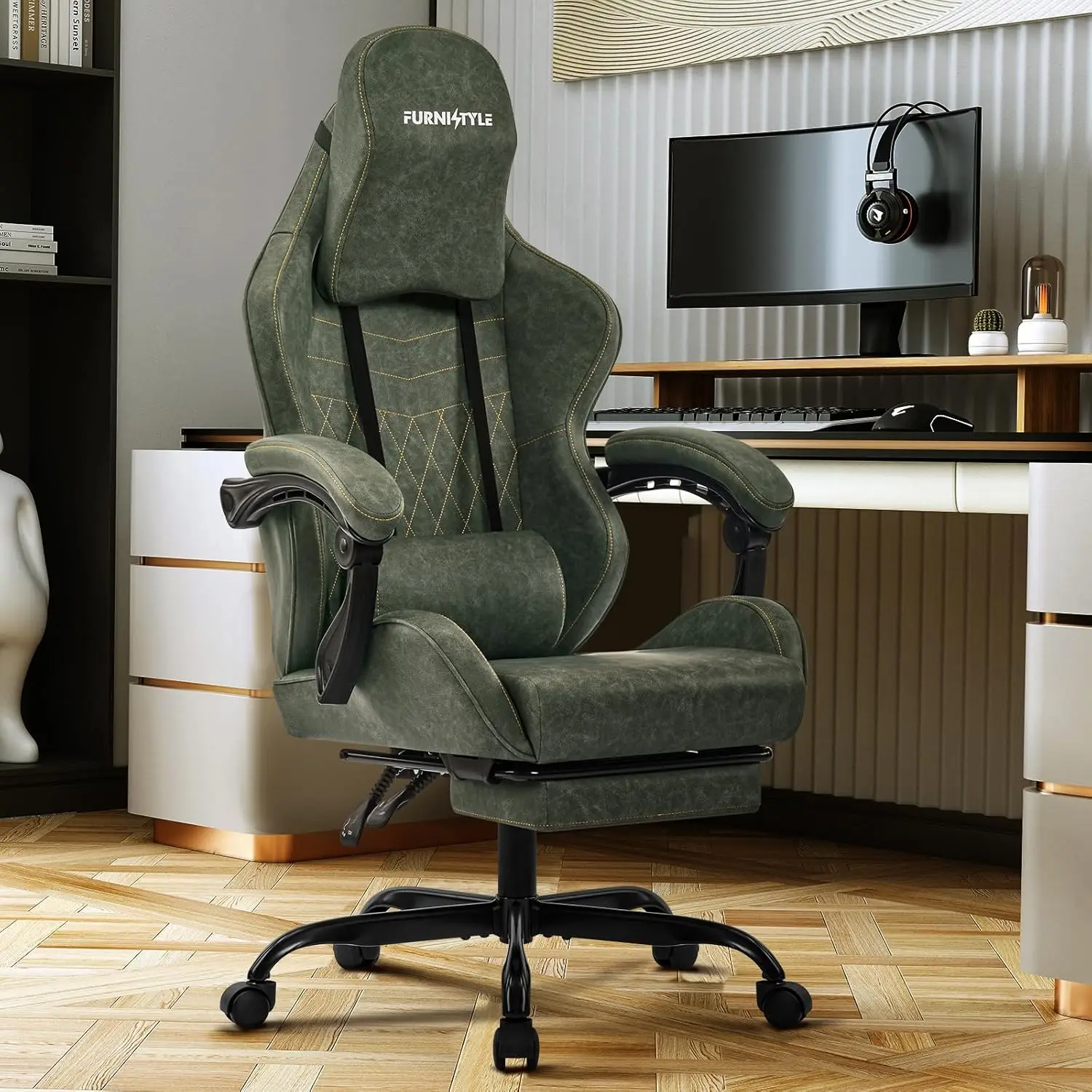 

Gaming Chair Video Game Chairs with Large Headrest Pillow, Linkage Armrests, Retro PU Leather Ergonomic Computer Chair