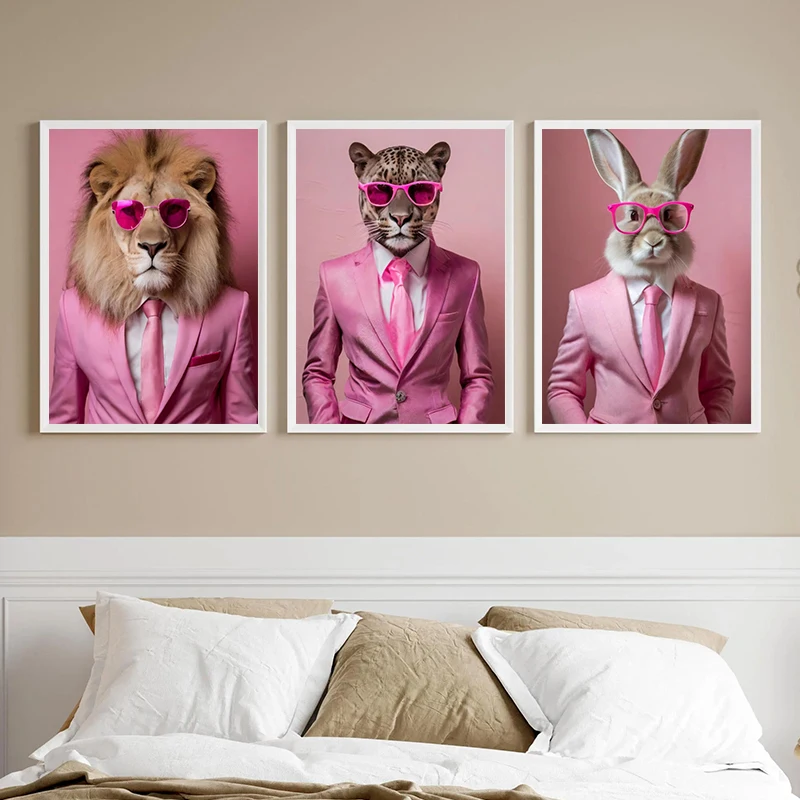 Pink Glasses Suit Bunny Camel Hamster Elephant Panda Portrait Poster Print Wall Art Pictures Canvas Painting Room Home Decor