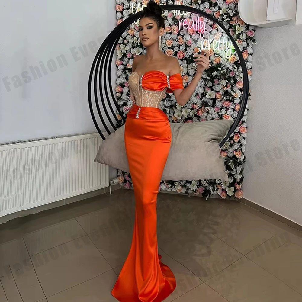 

2026 Orange Mermaid Prom Dresses Beadings Satin Evening Gowns Formal Floor Length Cocktail Party Customized vestidos de fiesta