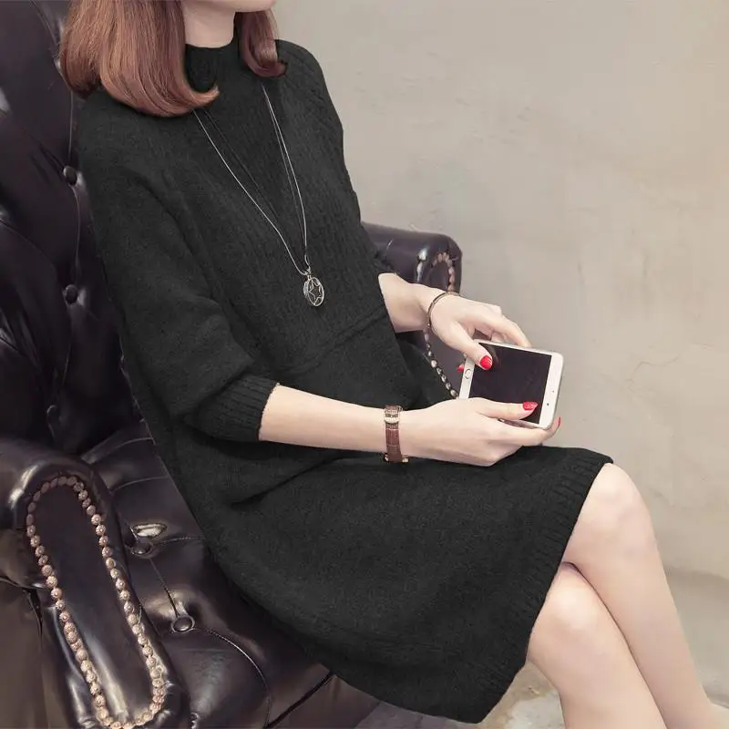 2023 Autumn and Winter Women\'s Pullover Half High Neck Sweater Solid Color Loose Mid Length Underlay Fashion Long Sleeve Dresses