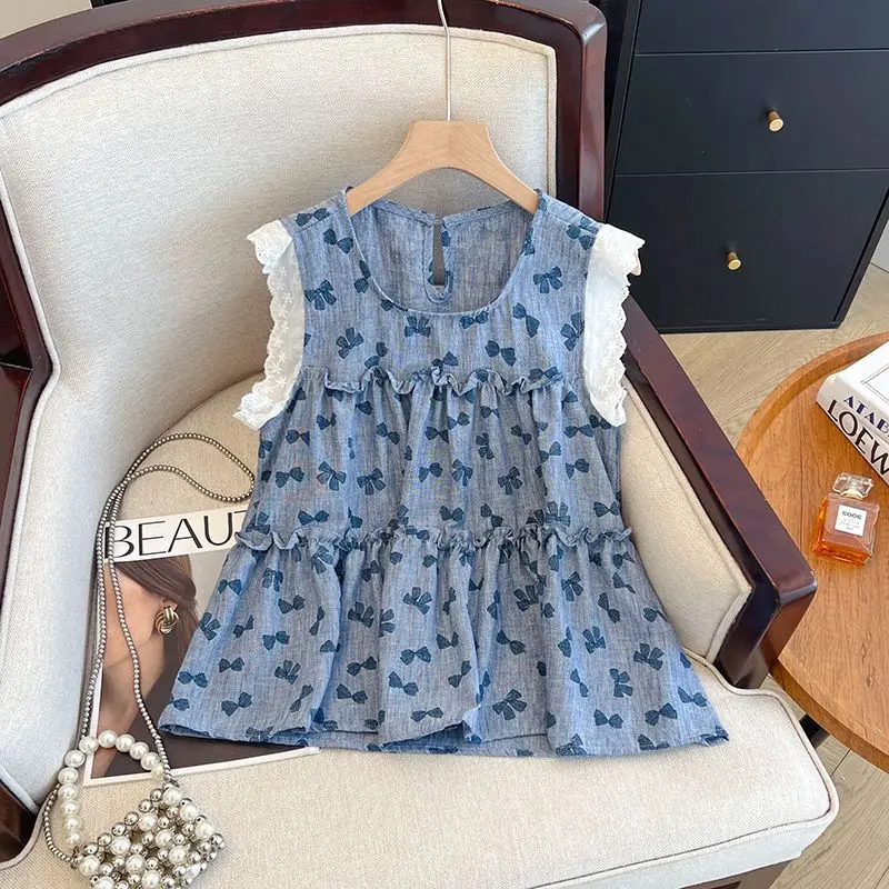 

Women Clothing Summer Fashion Casual Printing Ruffles Solid Color O-neck Female All-match Fashionable Lace Sleeveless Tank Top