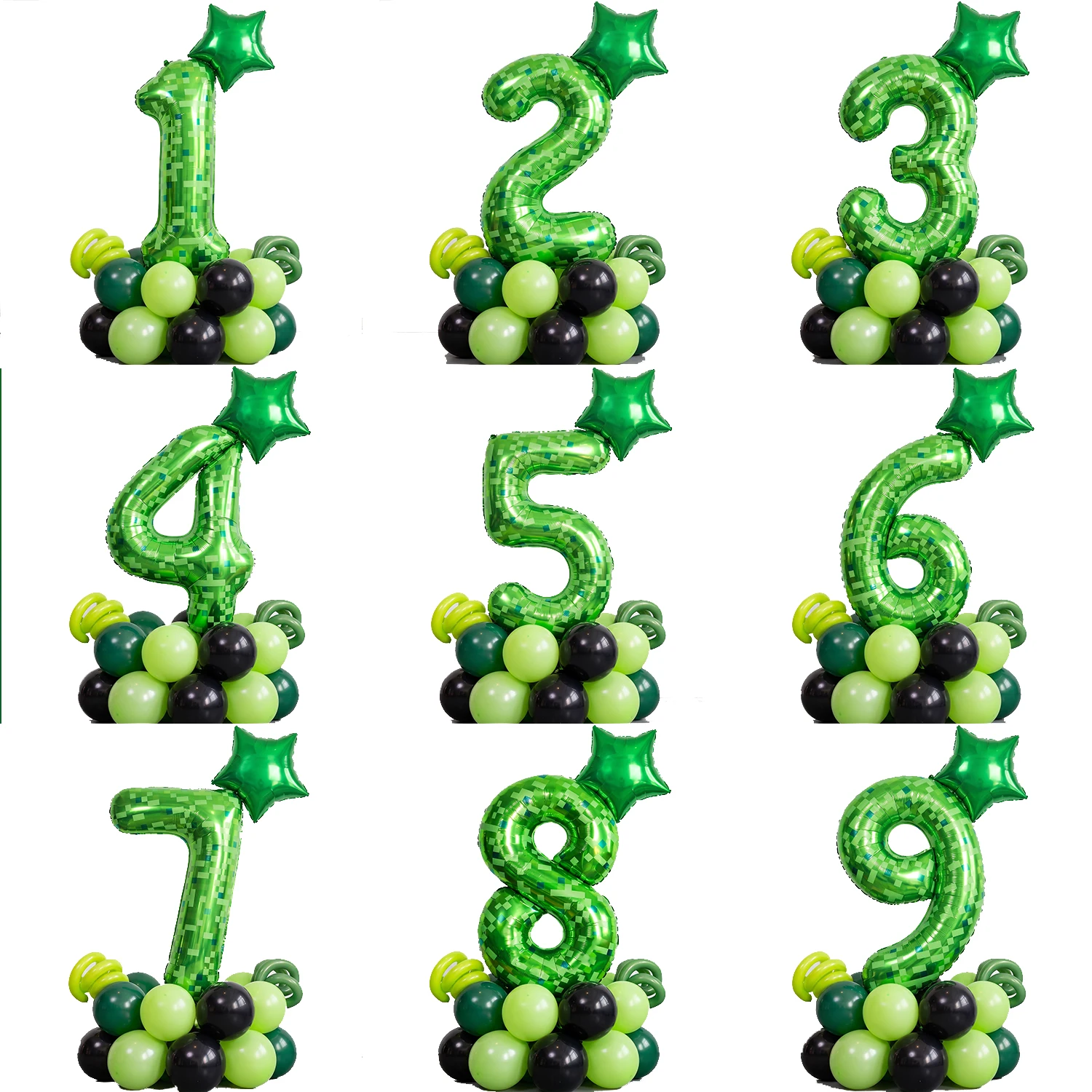 40 Inch Green Pixel 0-9 Number Balloon Set Pentagram Aluminum Foil Balloons Digital Anniversary Birthday Party Decoration