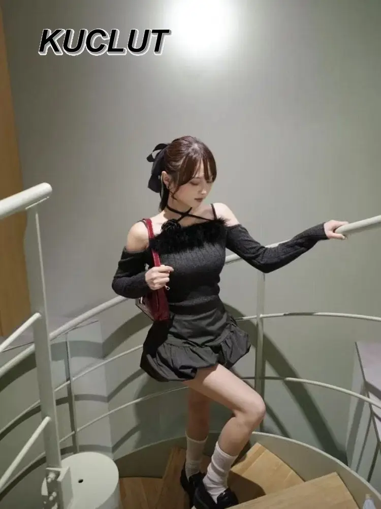 الرسن الرقبة المرقعة خارج الكتف سليم محبوك أعلى النمط الياباني ربيع الخريف طويلة الأكمام البلوز البلوزات للنساء