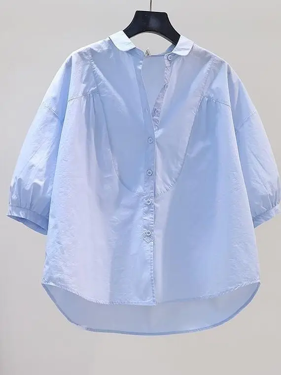 

Синий свободный крой irt для женщин, новинка 2025, корейский дизайн для поездок на работу, чистый цвет, миди Све, модный верхний фонарь с застежкой на пуговицы, Sl...