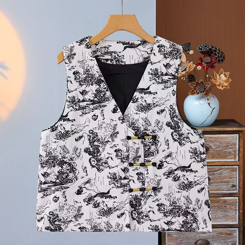 

Ink Retro Style Chinese Style Vintage Buckle Jacquard Sleeveless Vest Jackets Women V-neck TangSuit Spring Summer Vest Coats New