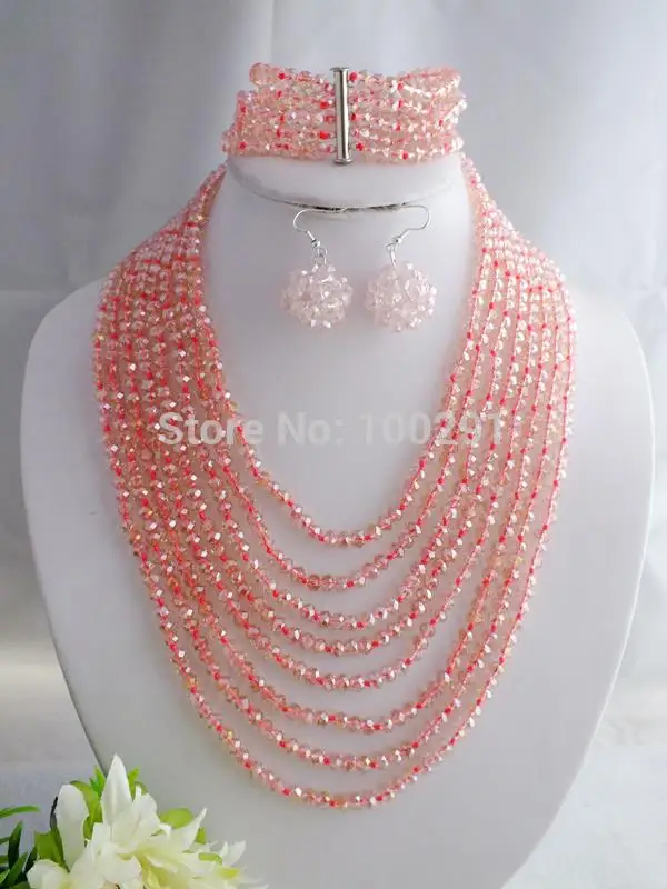 

Exquisite !! 8 Rows Crystal Jewelry Set, African Wedding Beads Necklace 18-26"