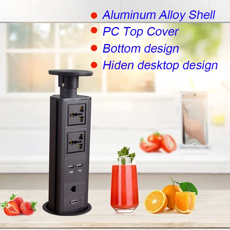 Promotion Universal Pulling Kitchen Pop Up Embedded Socket With 2 Power Plugs 2 USB Charger RJ45 HDMI With UK Plug