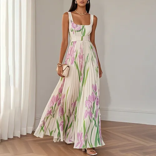 2025Vestido de verano con tirantes sin mangas para mujer, vestidos largos plisados con estampado Floral elegante, vestido de fiesta de cintura alta con cuello cuadrado de primavera