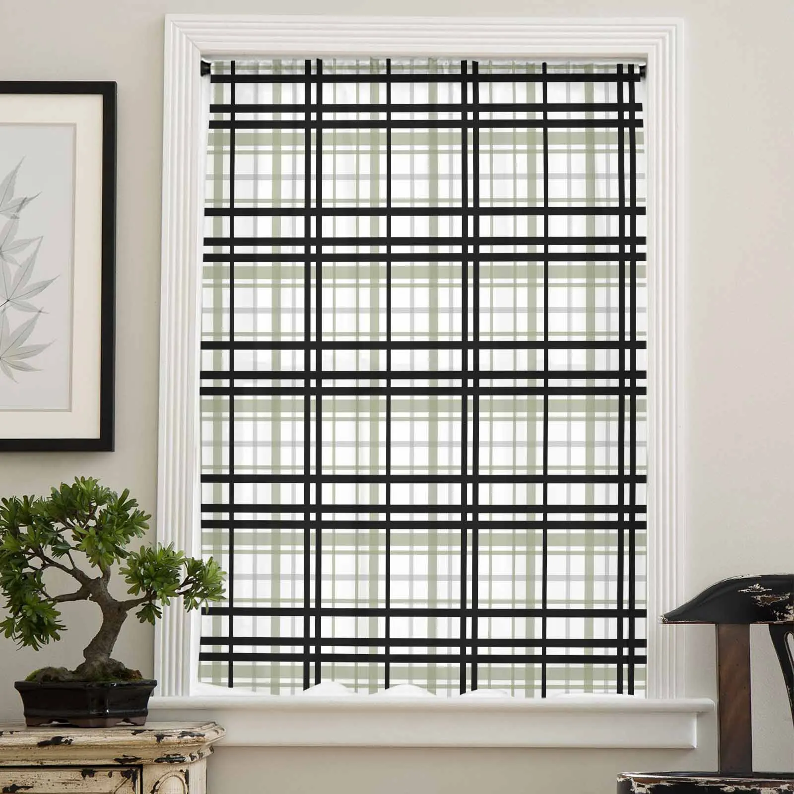 Black Sage Green Gray Striped Checkered Sheer Curtain Living Room Drapes Home Bedroom Voile Curtain Tulle Window Curtain