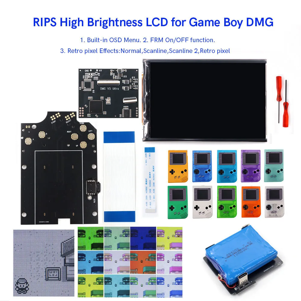 Hispeedido V5 Ultra OSD Menu Full Size IPS Backlight LCD Kit+Pre-cut Housing Shell With Lithium Battery For Game Boy Classic DMG