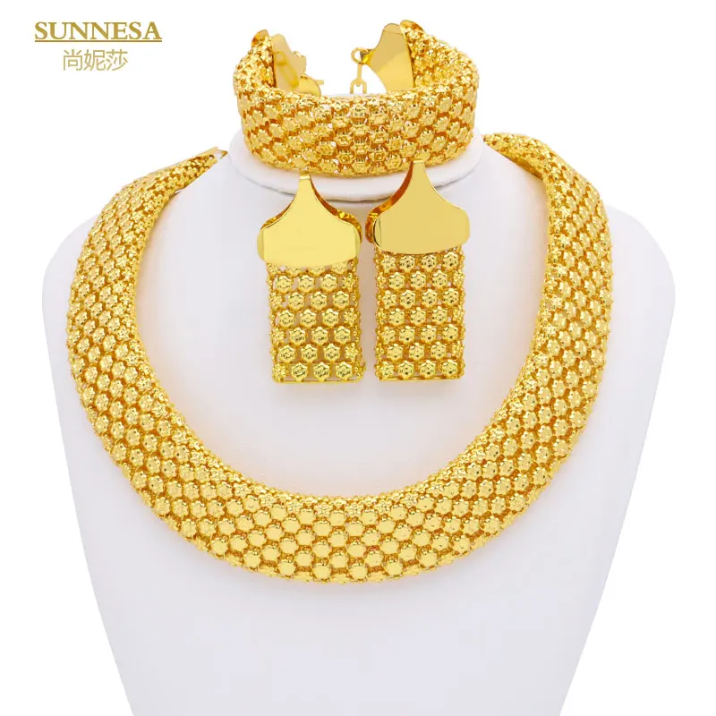 SUNNESA Trendy African Jewelry Set for Women Chunky Necklace Earrings Dubai Gold Plated Bracelet Fashion Jewellery for Party