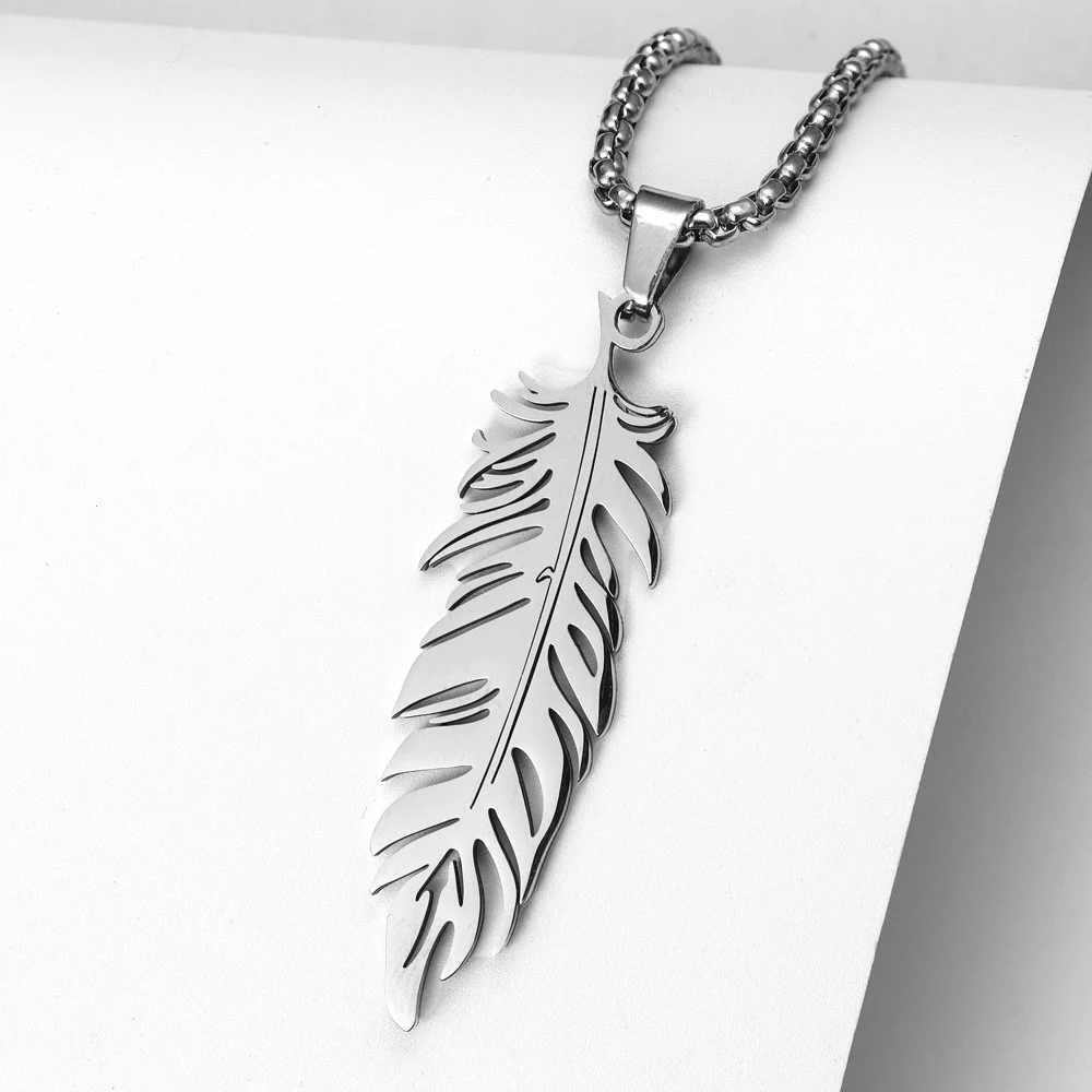 Trend Stainless Steel Feather Pendant Necklace Charm Men\'s Necklace New Fashion Hip Hop Punk Jewelry Accessories Gift Wholesale