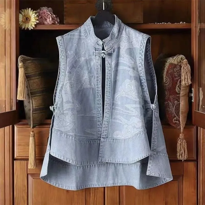 Fashion Chinese Denim Vest Infrared Loose Summer Large Size Thin Outer Wear Vest Jacket Reduce Aged Look Thin Exquisite Simple