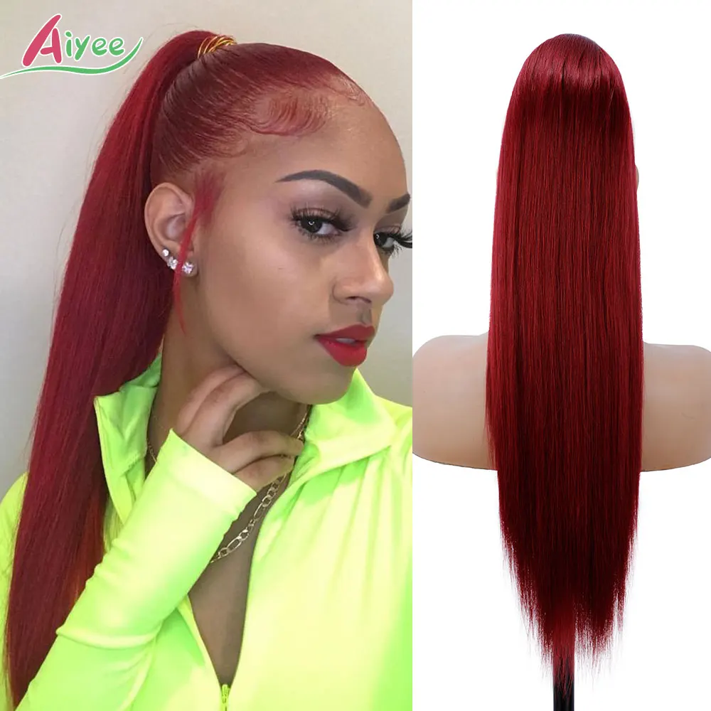28 Inch 180g Long Straight Drawstring Ponytail AIYEE Rooted Caramel Burgundy Red Ombre Synthetic Heat Resistant Hair Extensions