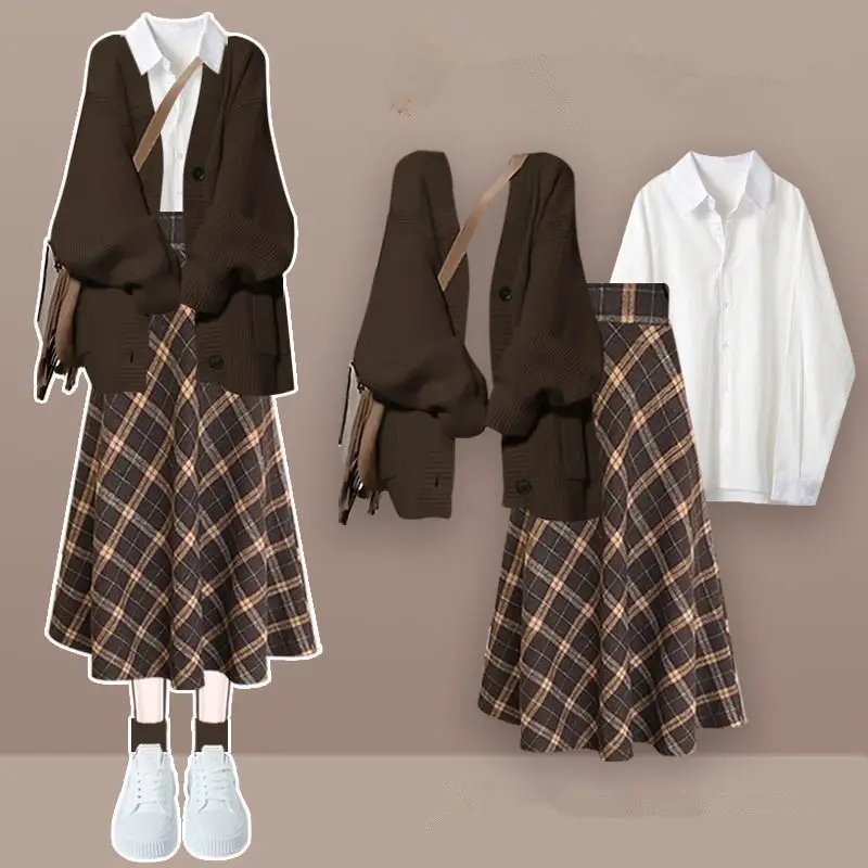 

Autumn and Winter New Korean Knitted Cardigan Jacket for Women+long Sleeved Shirt+plaid Skirt Three Piece Set
