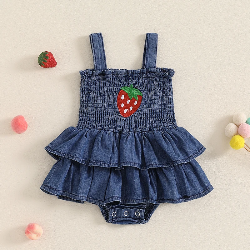 

New Fashion Baby Girl Romper Sleeveless Square Neck Strawberry Embroidery Bodysuit Newborn Denim Dress 0-18 Months