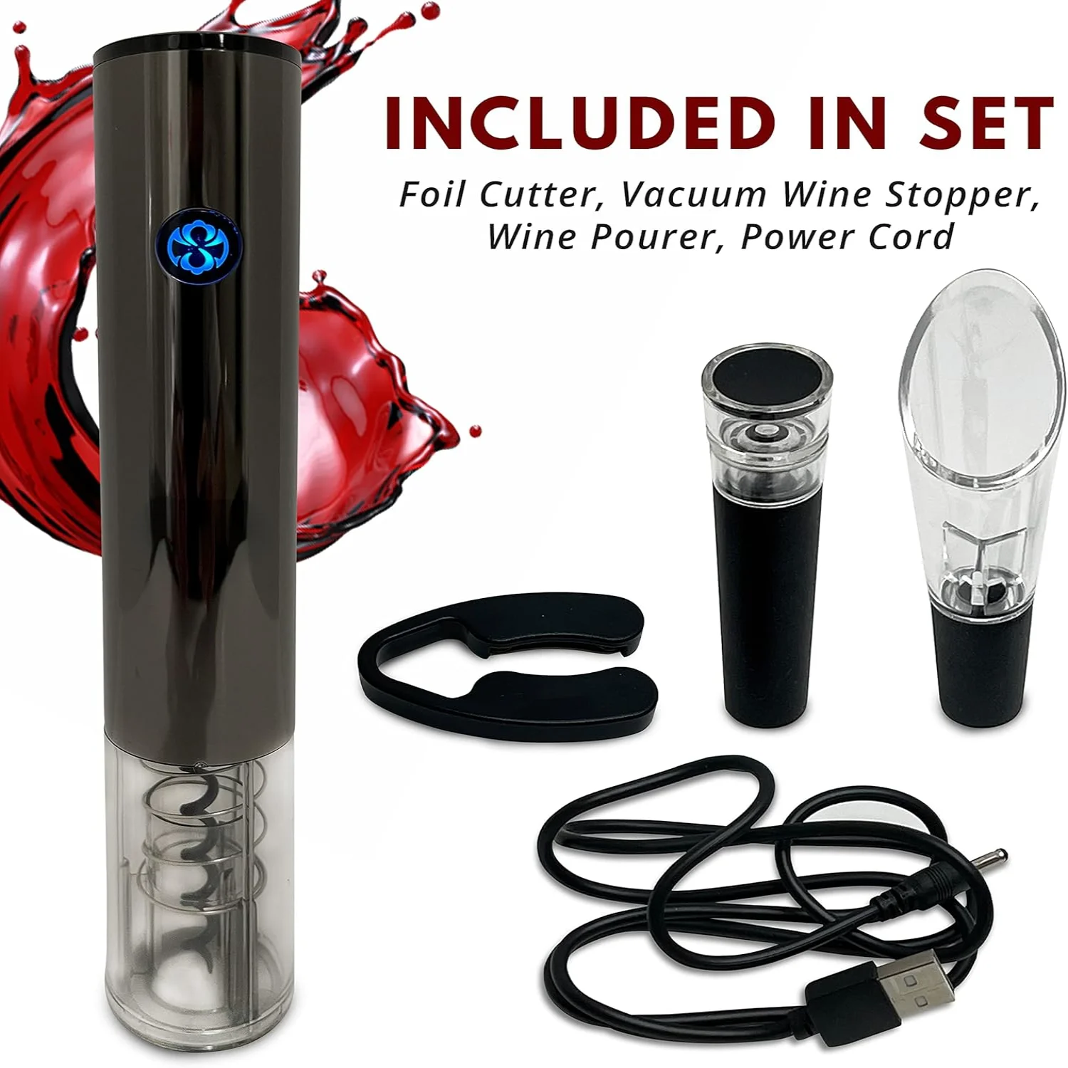 Set - Rechargeable Wine Bottle Opener - Automatic  Corkscrew Opener for Wine with Foil , Wine Pourer, Vacuum Stopper, and USB ch