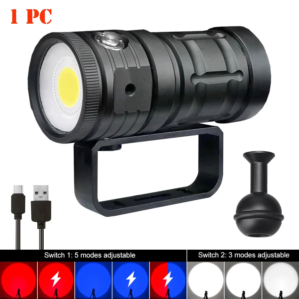 Professionele LED Zaklamp Duiken 18000LM COB Tactische Zaklamp IPX8 Waterdichte Glare Video Camera Licht Wit Blauw Rood Invullicht