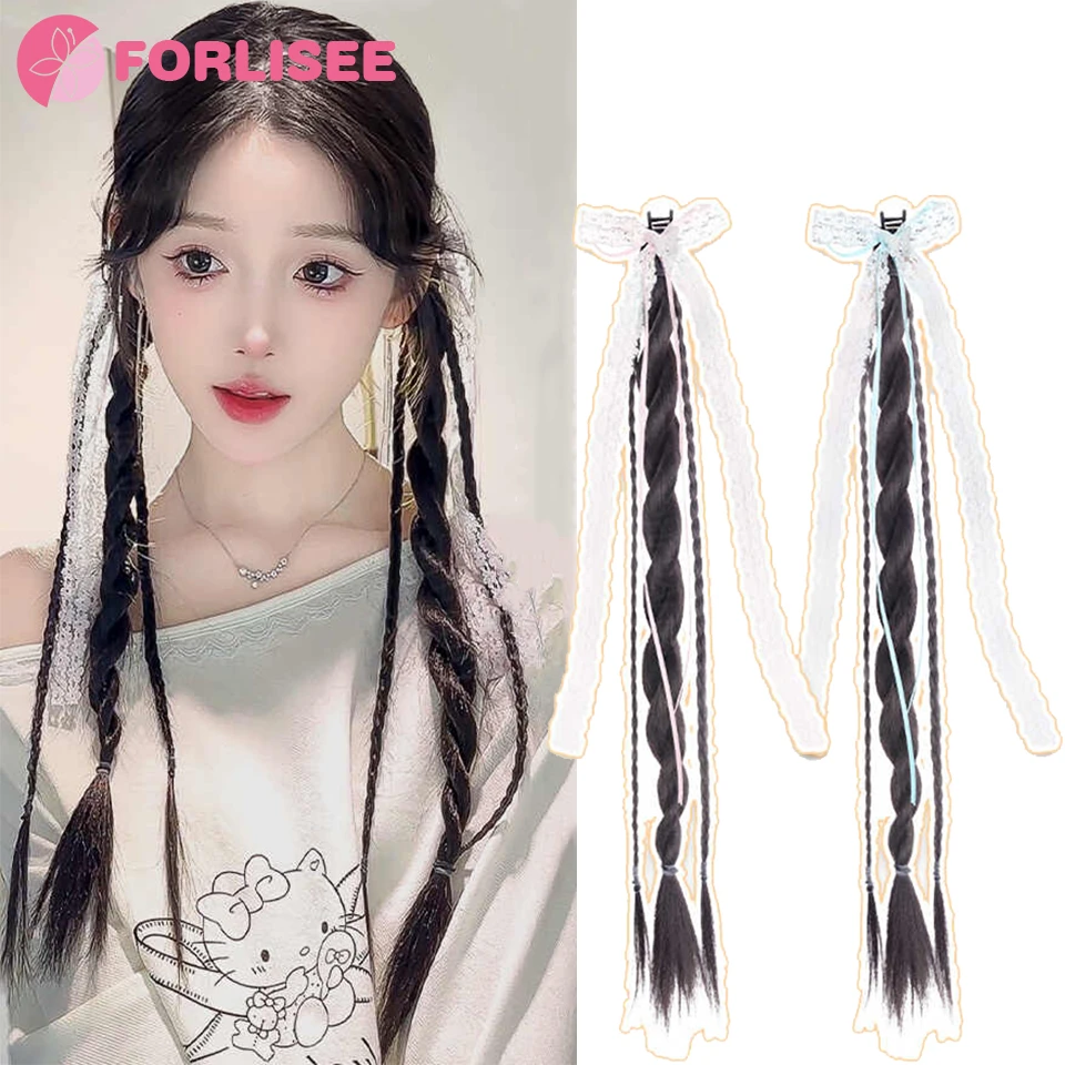 

FORLISEE Synthetic Long Straight Claw Clip Ponytail Wig Ins Style Bow Ribbon Twisted Braid Korean Twist Braid