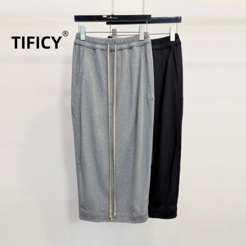 High Street Skirts Women's Dark Elastic Band Drawstring Cotton High Waisted Slim Fit Hips Wrapped and Slit At The Back Skirts