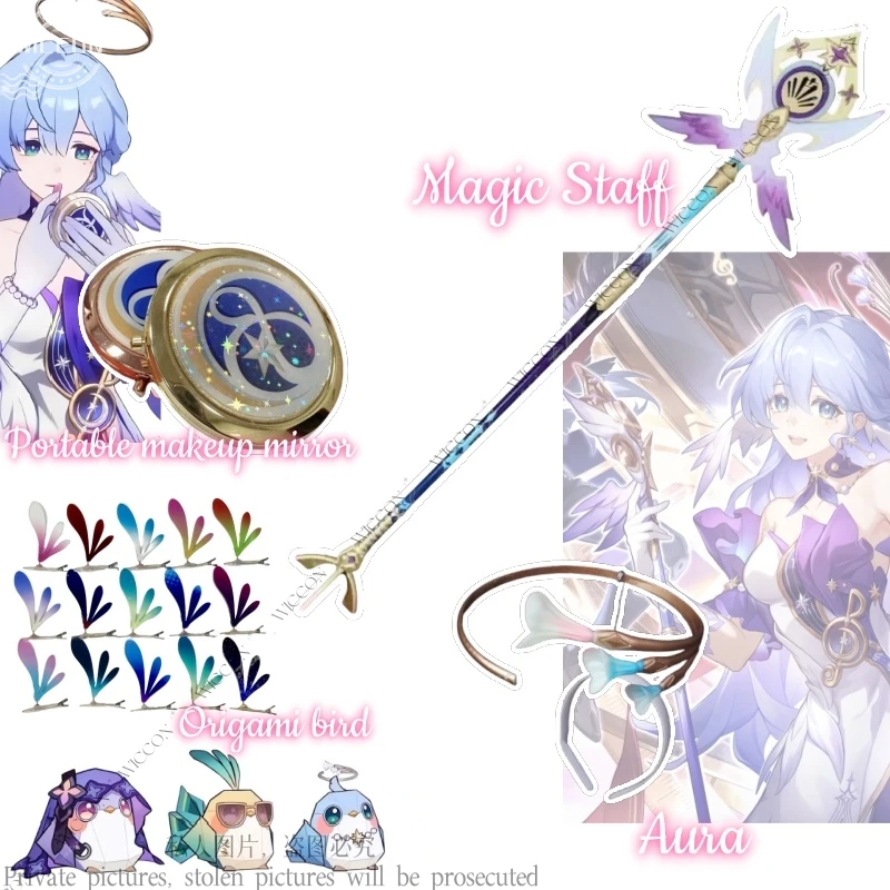 Robin Anime Game Honkai: Star Rail Cosplay Accessory Magic Staff Portable Makeup Mirror Aura Hair Clip Origami Bird Penacony