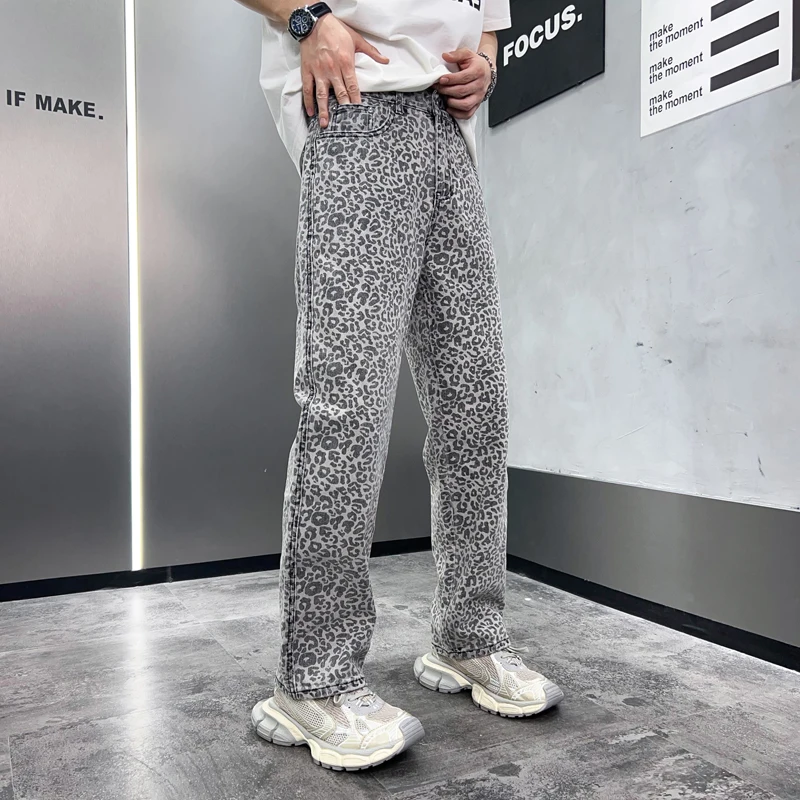 2024New Leopard Print Jeans Men's High-End Trend Fashion Street Personality Party Casual Loose Straight-Leg Wide-Leg Pants