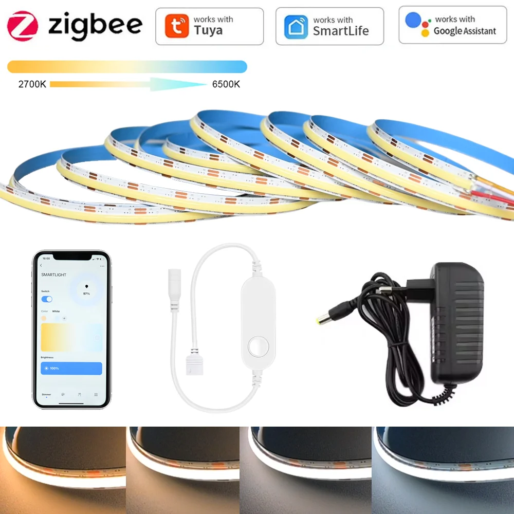 Tuya Zigbee 24V COB CCT LED Strip Light 1m 2m 3m 5m 10m Flexible Dimmable Cupboard Wardrobe Decor Lamp fr Alexa Google Assistant