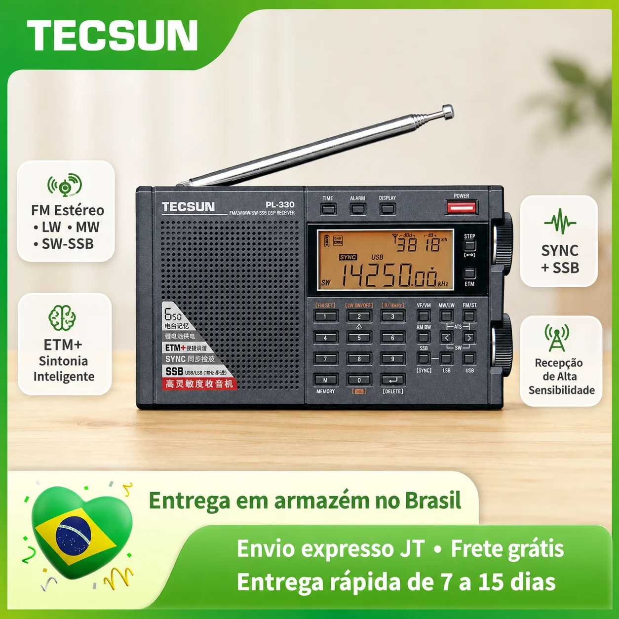 Rádio Tecsun PL330 Multibanda FM MW AM SW LW SSB SYNC DSP ETM+ Alta Sensibilidade Portátil 850 Memórias Bateria Recarregável BL-5C Receptor Profissional Estoque no Brasil