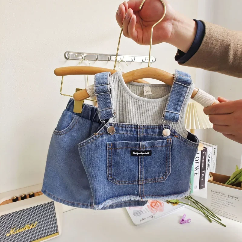 

3PCS Outfit Kids Set 2-7Years Fashion Children Girl Summer Clothes Sleeveless Cotton Vest Tops+Denim Tank Tops+A-line Mini Skirt