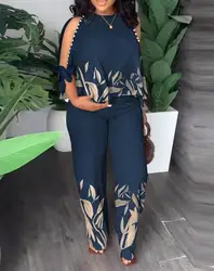 Conjunto de dos piezas con estampado de plantas para mujer, Top de manga dividida con cuello redondo y pantalones de pierna recta informales, moda de verano, 2023