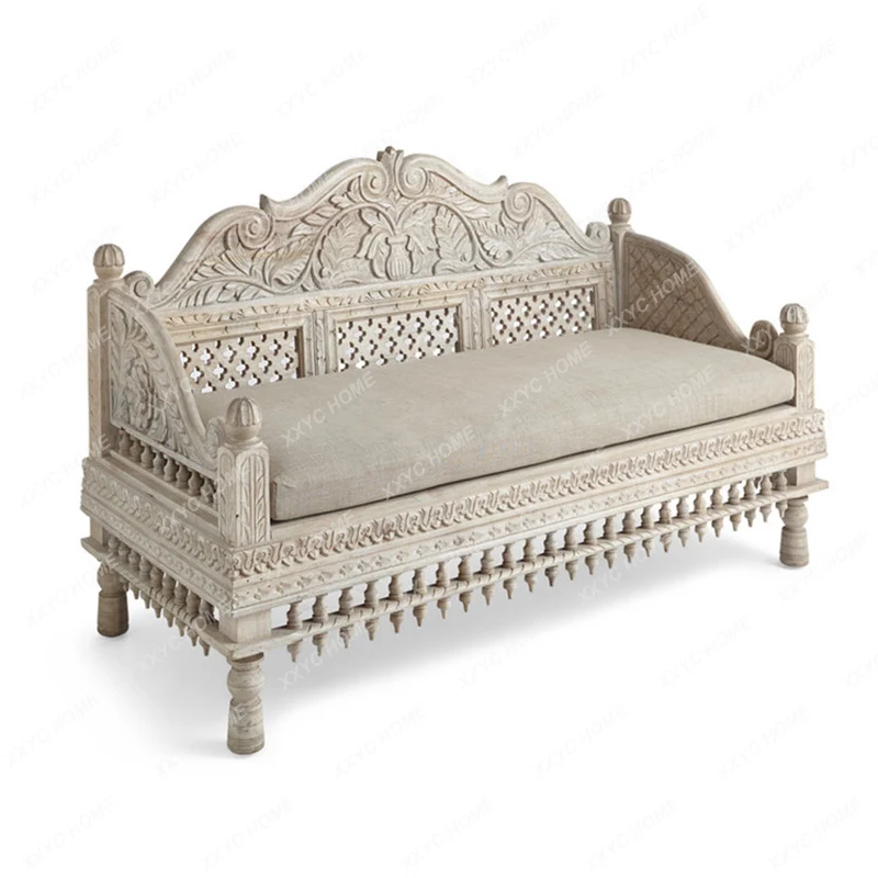 

A Three-person sofa solid wood carving hollow log Arhat sofa