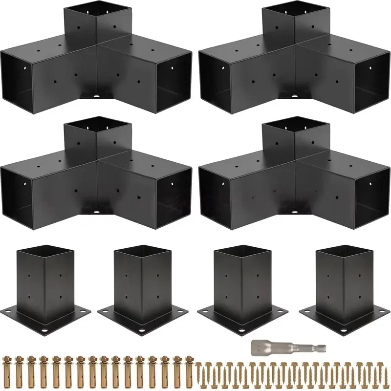 3-Way 90° Corner Pergola Brackets 4x4 Post Base Support Kit Rustproof Steel Pergola Hardware for Building Pergola, Pavilion