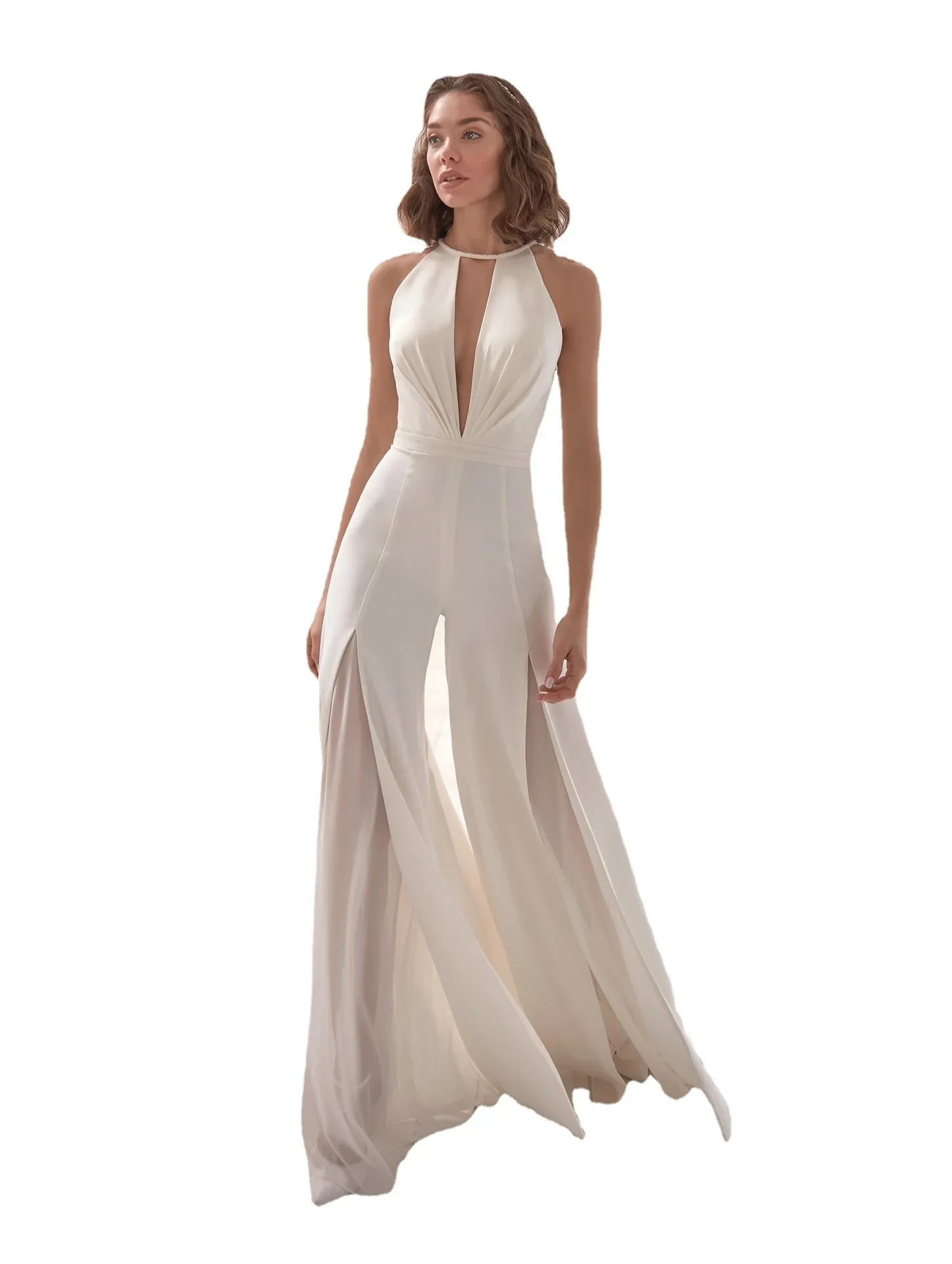 2024 Sexy Deep V-neck Jumpsuit Wedding Pant Suits For Brides Wedding Jumpsuits Women Elegant Formal Dress