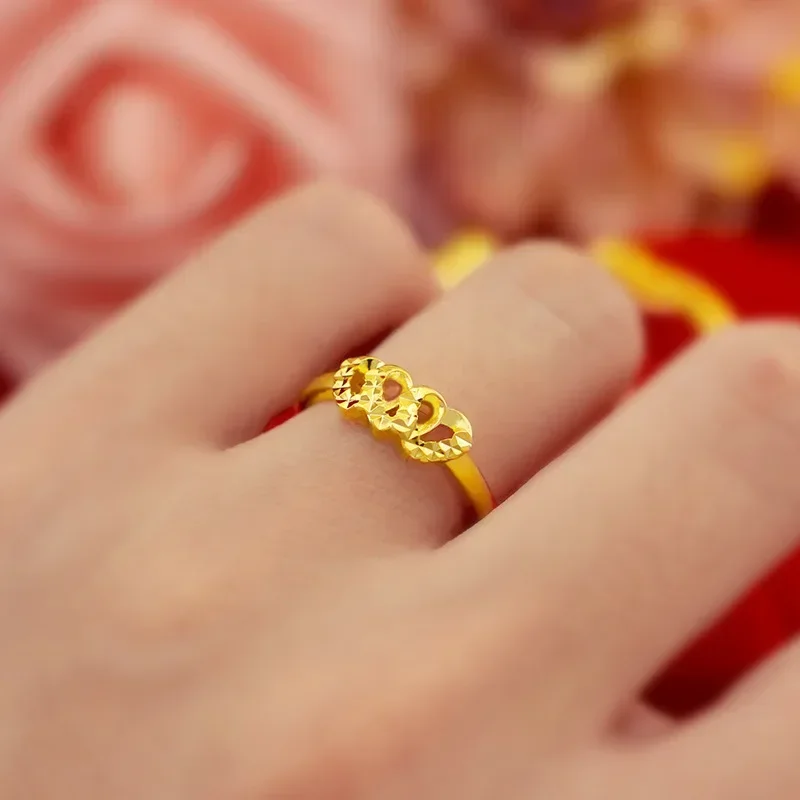 

9999 Real Gold 24K Japanese and Korean Fashion Women's Pure Gold Three-heart Small Women's Ring, Open Diamond Cut Face Love Ring
