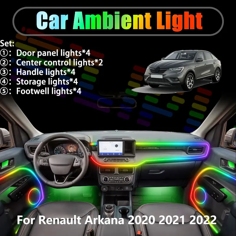 

For Renault Arkana 2020 2021 2022 B0+ LJC 2/18 in 1 Car ambient lighting Led trunk interior led lights USB RGB Ensemble Streamer