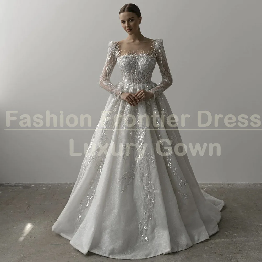 

Gorgeous Appliques Sequined Wedding Dress 2025 Elegant Long Sleeve Square Collar Draped Chapel Train Bridal Gowns Formal Dress