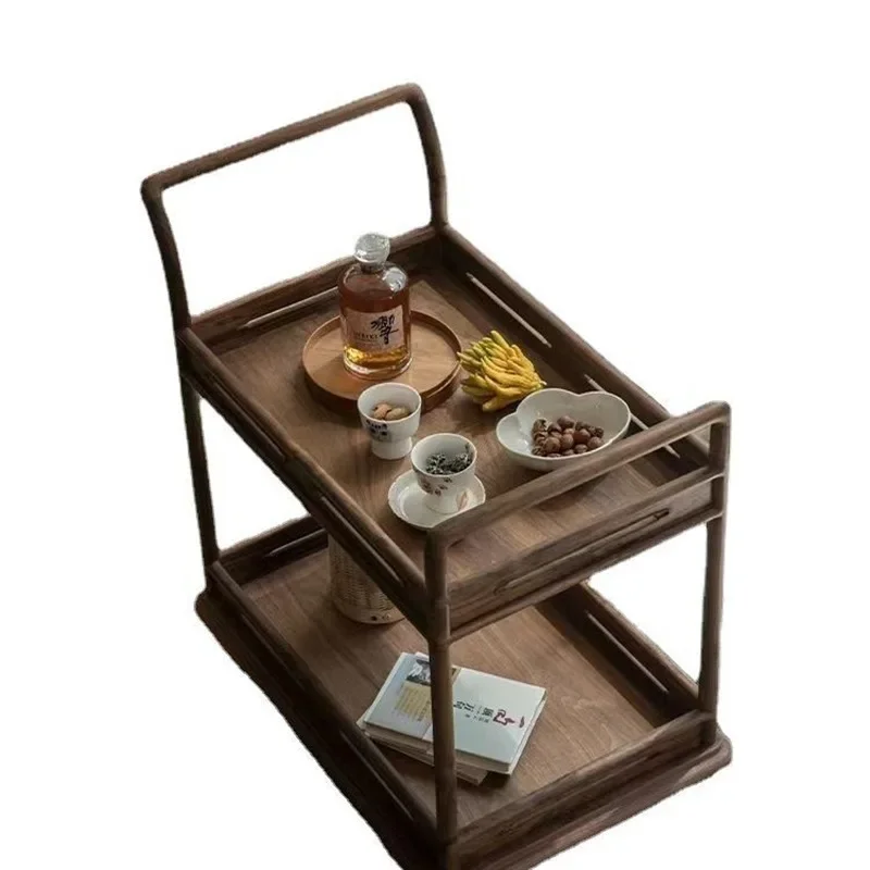 

New Chinese black walnut all solid wood tea side table removable sofa side table wheeled small tea cart ash wood cart