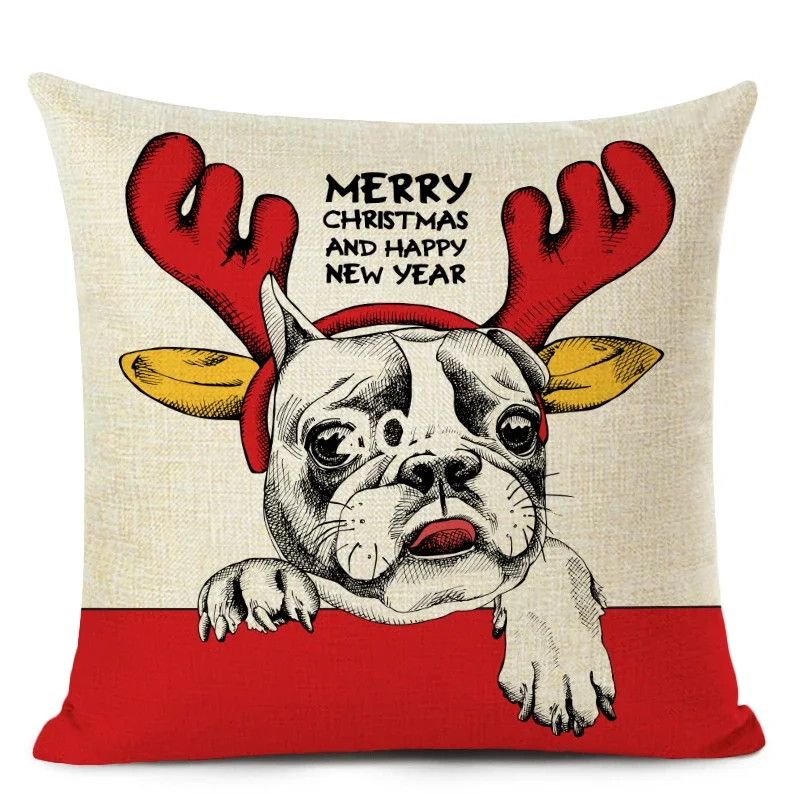 Christmas Dog Cushion Cover Cute Pug Sketch Pattern Decorative Throw Pillow Case for Car Sofa Home Decor