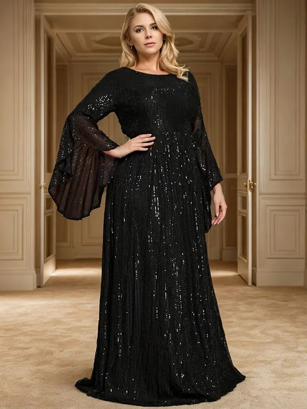 Elegante Zwarte Baljurk Plus Size Formele Sexy Ronde Hals Lange Mouwen Formele Gelegenheid Feest Luxe Feest Avondjurk 2024