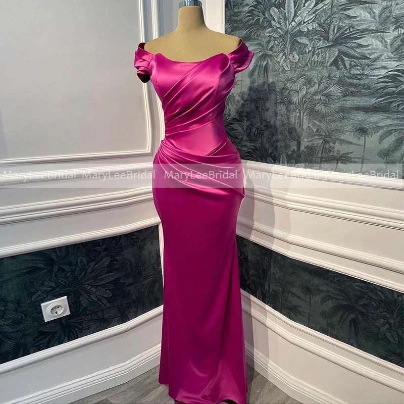 Fuchsia Meerjungfrau Prom Kleid Weg Von der Schulter Falte Satin Bodenlangen Abend Formale Party Kleider Angepasst فستان سهرة نسائي