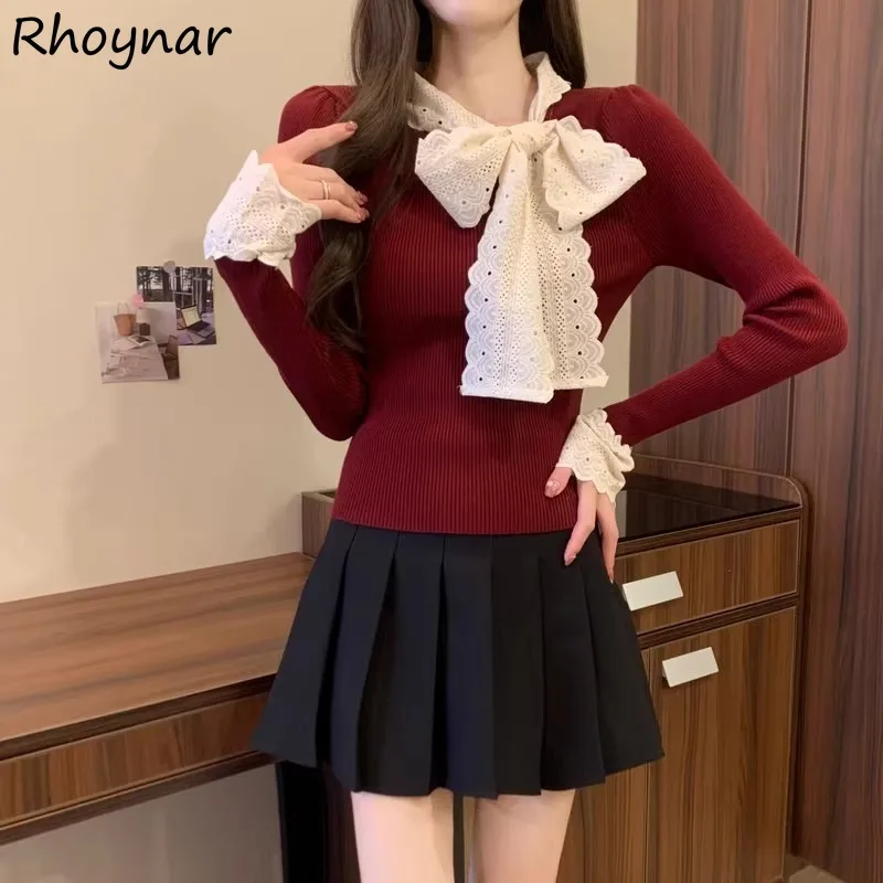 Sweater Pullovers Women Patchwork Bow Knitted Tender Slim Fit Tops Basic Inner Graceful Female All-match Leisure Korean Style