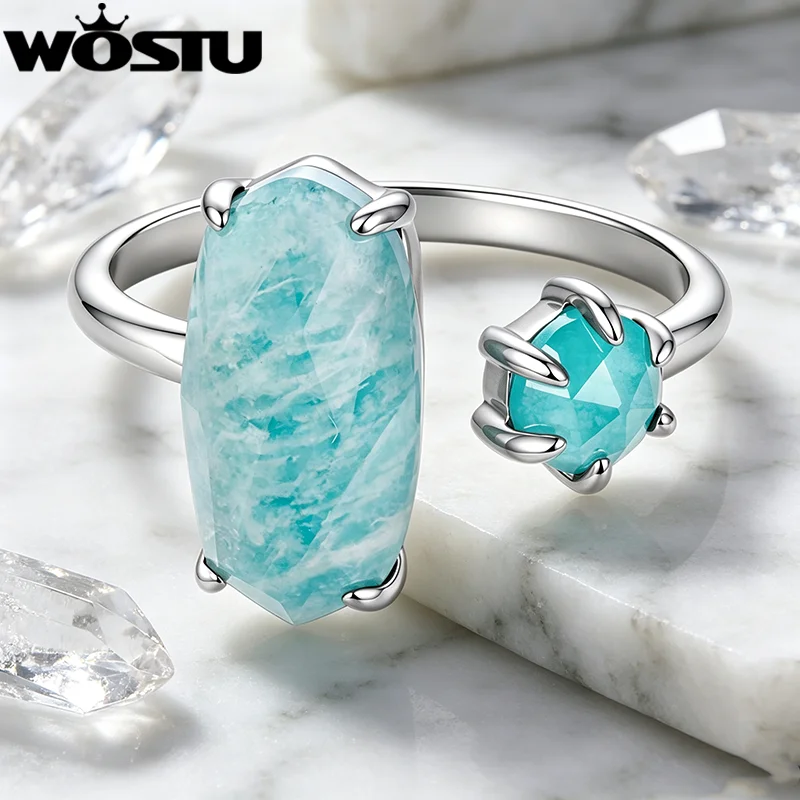WOSTU Genuine Amazonite Aquamarine Gems Statement Open Ring For Women, Platinum Plated Rectangle Adjustable Rings  Luxury Gift