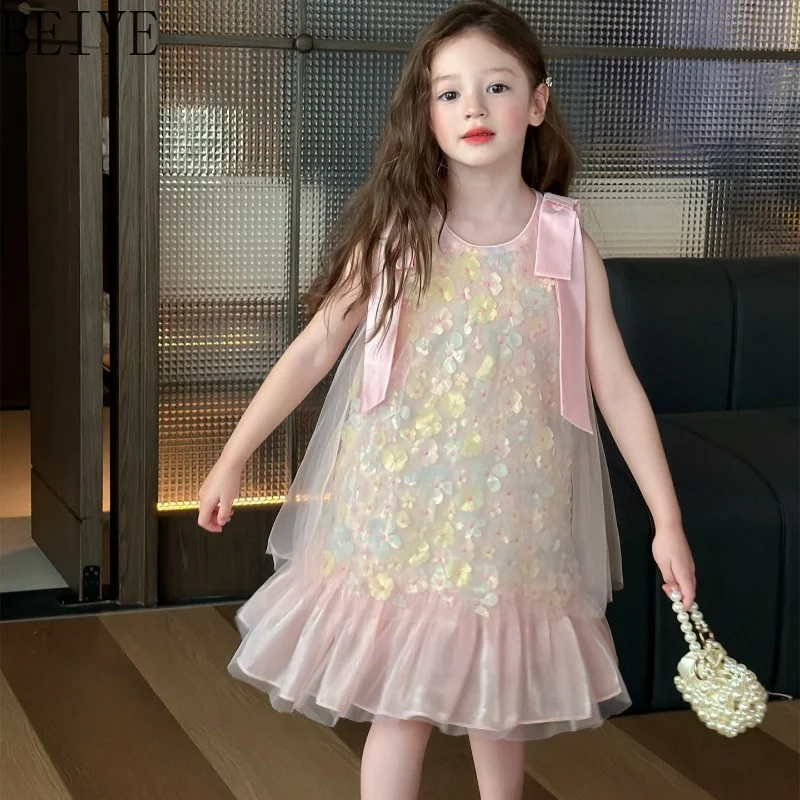 Summer Children's Sweet Mesh Tank Dress Sleeveless Pink Sequin Floral Dress Baby Girls' Birthday Party Sweet Daily Dress