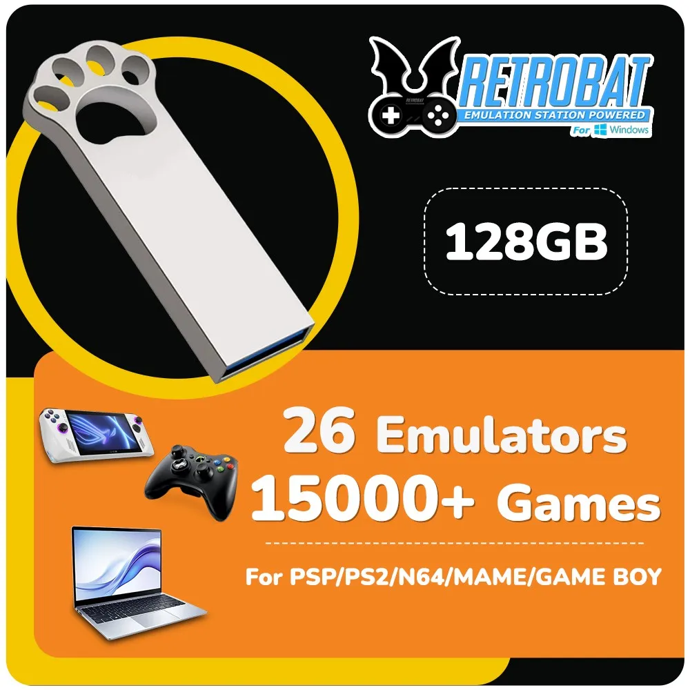 128GB Portable USB 3.0 Flash Drive Retrobat System 15000+Games with 26 Emulators for PSP/PS2/DC/GAME BOY for ROG ALLY/Windows PC