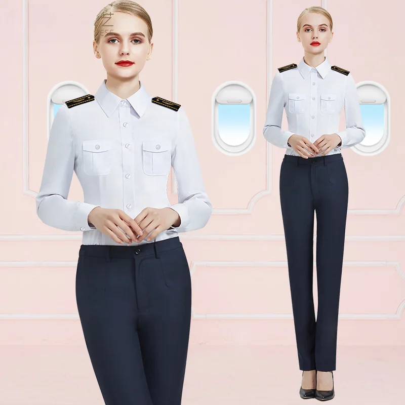 Uniforme de piloto de Capitán de Aviación para mujer, camisa blanca ajustada, insignia de hombro, camisa de trabajo de manga larga, asistente de vuelo