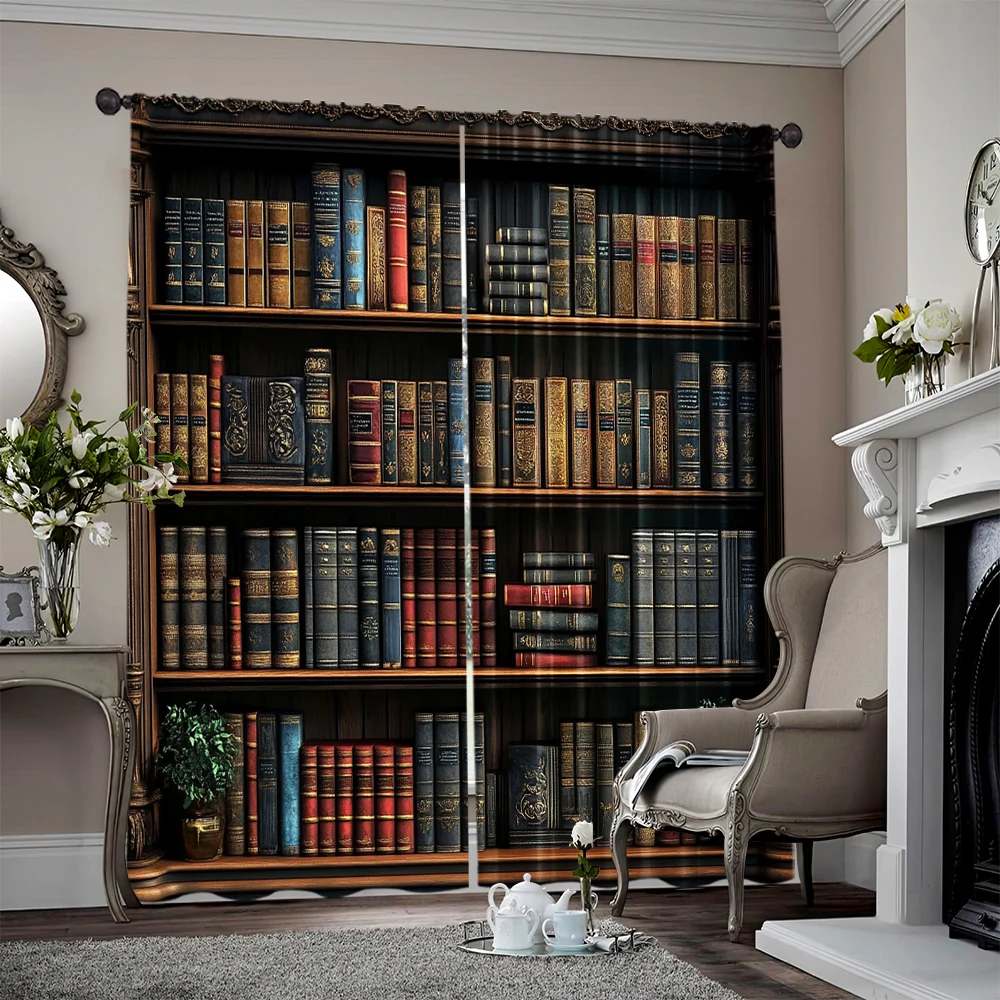 2pcs, 2D flat Curtain Bookshelves retro Versatile 100% Polyester,Without Electricity Versatile Applies to Room_bedroom_Window