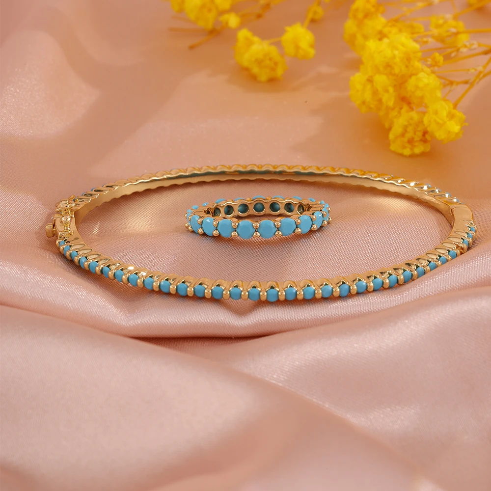 ZAKOL 2-teiliges Set Einfaches Exquisites Rundes Türkis-Zirkon-Armband und Ringe Hochwertige Kupfer-Armreifen Modisches Party-Schmuckset – Detail 8